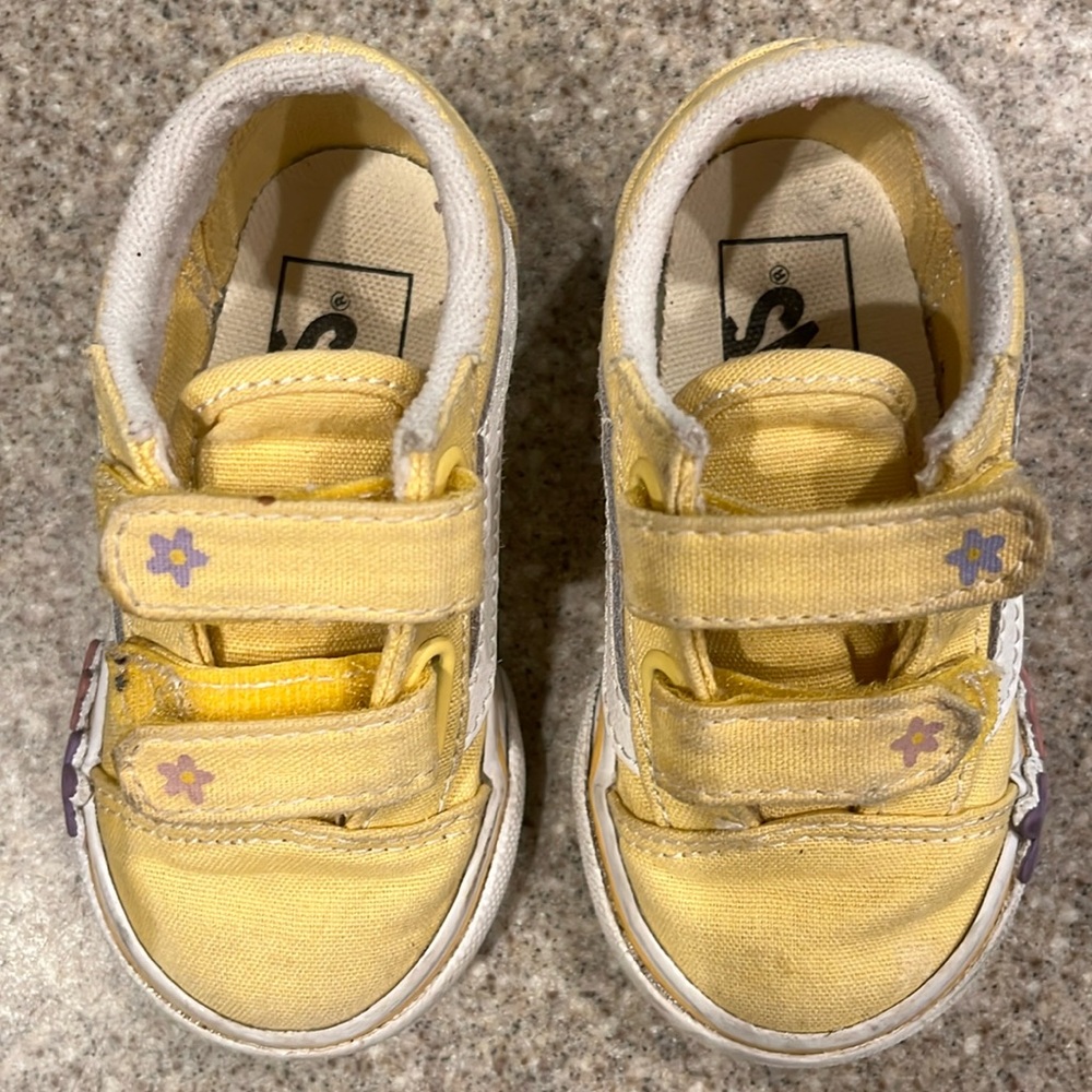 The cutest toddler size 5 Vans. Yellow canvas with pink and purple flowers